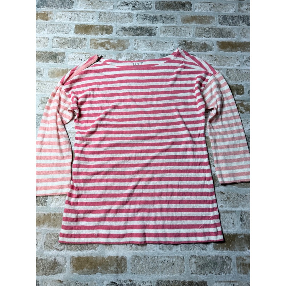 Ann Taylor LOFT Womens Pink White Striped Shoulder Zip Long Sleeve Top Small